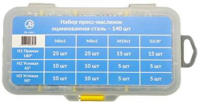 Набор пресс-масленок 140 шт.,(PREMIUM QUALITY), оцинкованная сталь (H1, H2, H3, R1/8), арт. MS012007