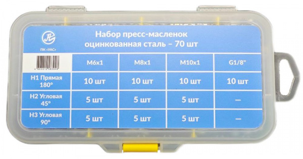 Набор пресс-масленок 70 штук,(PREMIUM QUALITY), оцинкованная сталь (Н1, H2, H3, R1/8) арт.MS012006
