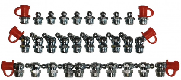 Набор пресс-масленок M10 с колпачками (H1-10 шт., H2-10 шт., H3-10шт.) + защ. колпачки красные 42 мм - 30 шт.Maslosmenka 010105-123