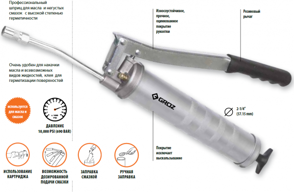 Шприц рычажный G19R/B для масла и смазок, 500см3, трубка 150мм (GR42740)